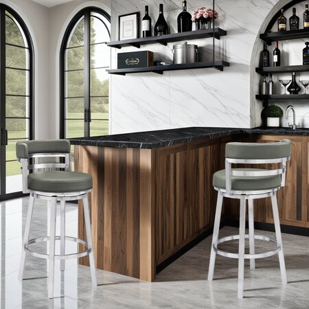 Armen Living Madrid 30" Bar Height Swivel Gray Faux Leather and Brushed Stainless Steel Bar Stool LCMABABSGR30